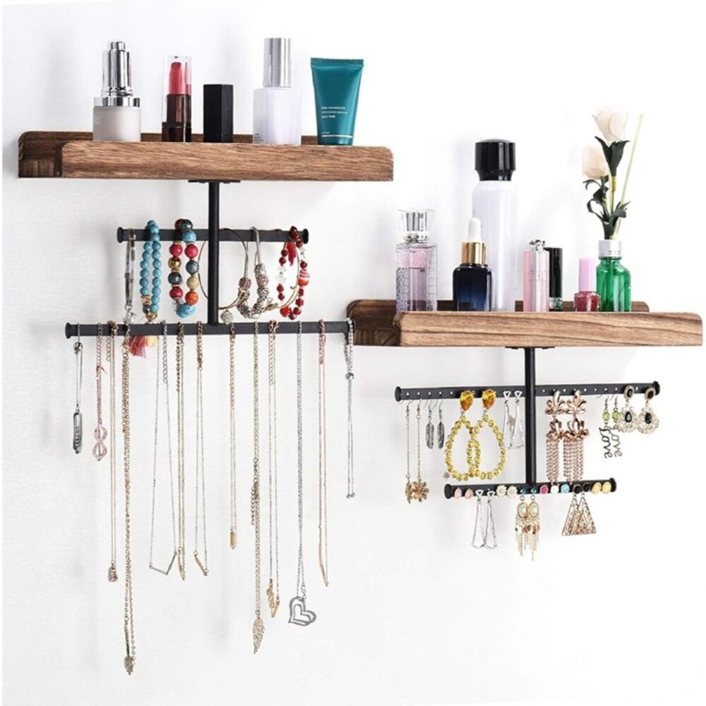 New Rustic Jewelry Organizer Wall Mounted Wood Holder Set for Necklaces Rings